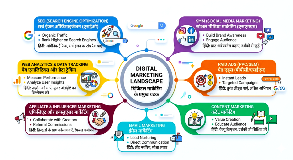 Digital Marketing Kya Hai – SEO, Social Media, Email, Content, Ads के नाम हिंदी में
